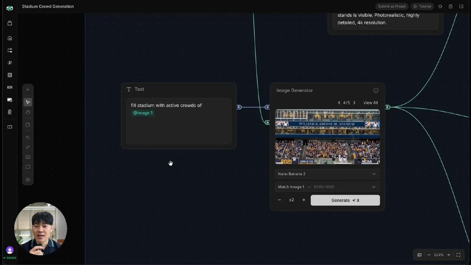 Multiple Nano Banana crowd-filled variations of the stadium frame