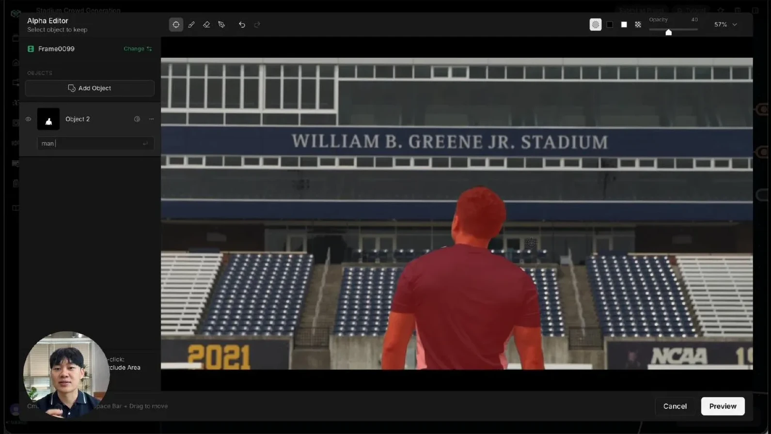 Selecting the football player by typing "man" at frame 99