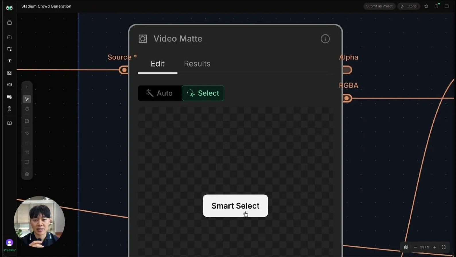 Select Mode and the Smart Select tool open in Video Matte