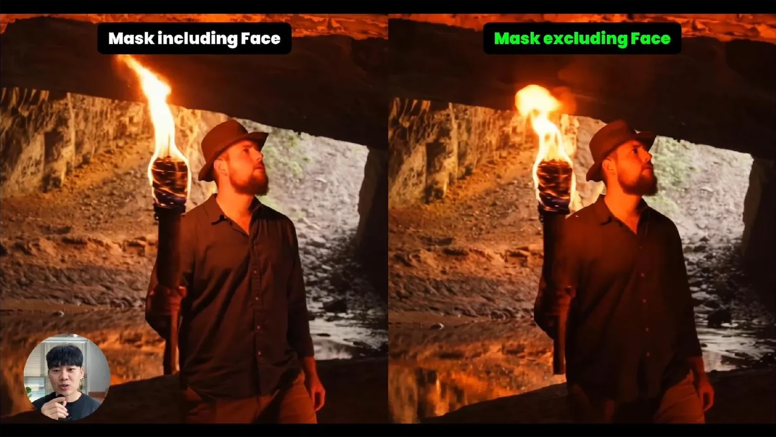 Mask detail excluding the actor's face so fire can extend into the correct area